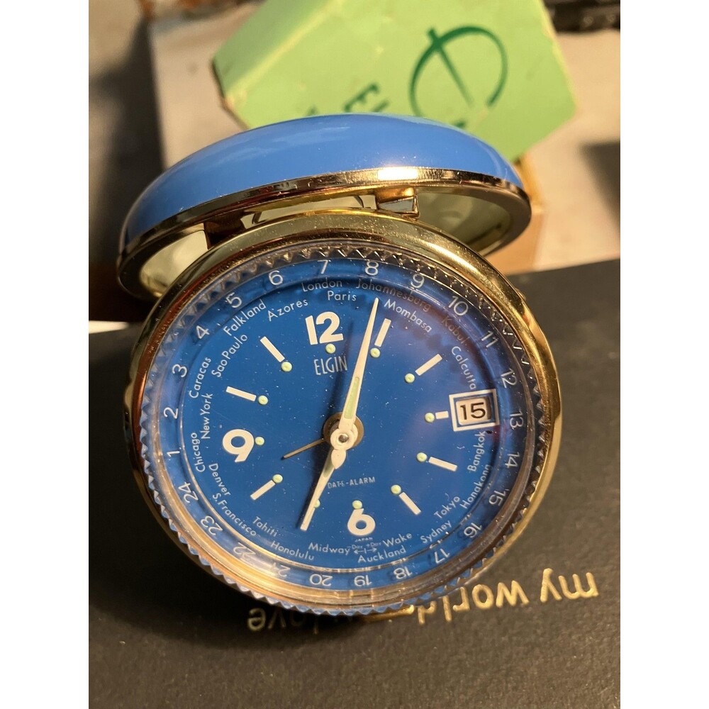 Elgin Travel Alarm Movement Mechanical Manual Wind World Time Blue Japan T833